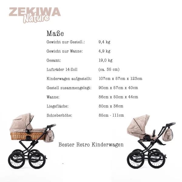 ZEKIWA Korbkinderwagen Nature im zeitlosen Retro Design - XL Liegefläche - Cordstoff braun – Bild 6