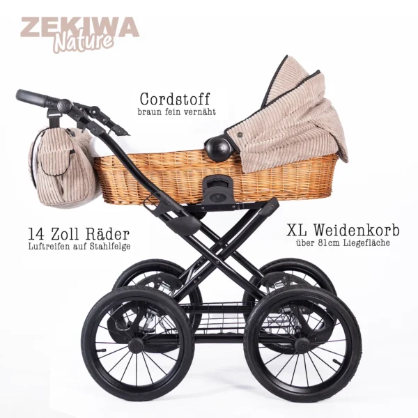 ZEKIWA Korbkinderwagen Nature im zeitlosen Retro Design - XL Liegefläche - Cordstoff braun – Bild 3