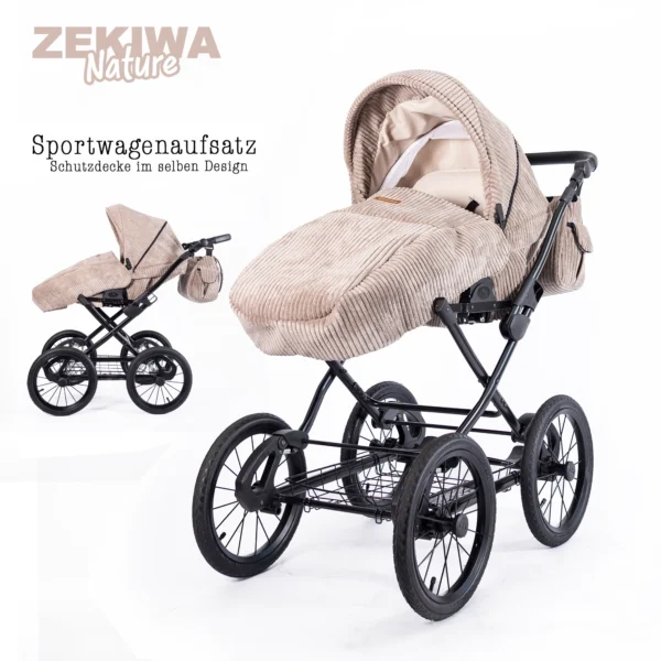 ZEKIWA Korbkinderwagen Nature im zeitlosen Retro Design - XL Liegefläche - Cordstoff braun – Bild 7