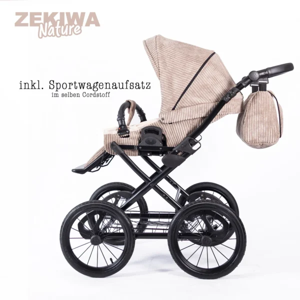 ZEKIWA Korbkinderwagen Nature im zeitlosen Retro Design - XL Liegefläche - Cordstoff braun – Bild 5