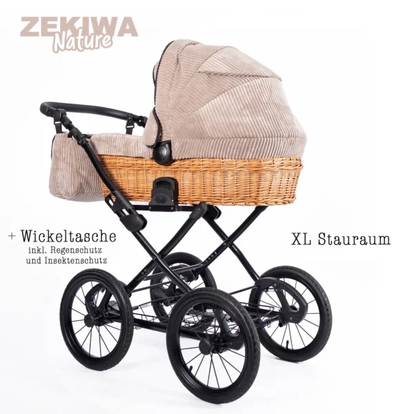 ZEKIWA Korbkinderwagen Nature im zeitlosen Retro Design - XL Liegefläche - Cordstoff braun – Bild 4